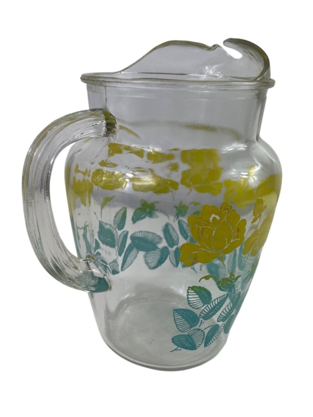Vintage Federal Glass Pitcher Yellow Flowers Green Leaves Ice Lip Pour Spout - Picture 5 of 12